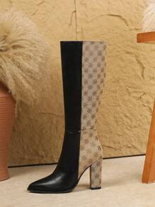 大码女士时尚过膝高跟靴，休闲拉链开合膝上靴，粗跟高筒靴，秋冬黑色靴子