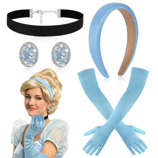 Costumes de princesse pour femmes, bandeau de tiare de princesse, gants longs bleus, collier ras-du-cou noir avec boucles d'oreilles en cristal de strass, costumes de princesse pour femmes à s'habiller
