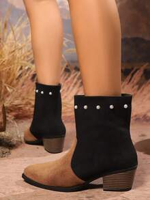 全新棕黑拼色尖头粗跟靴配珍珠装饰 - 黑色 - 查看 5