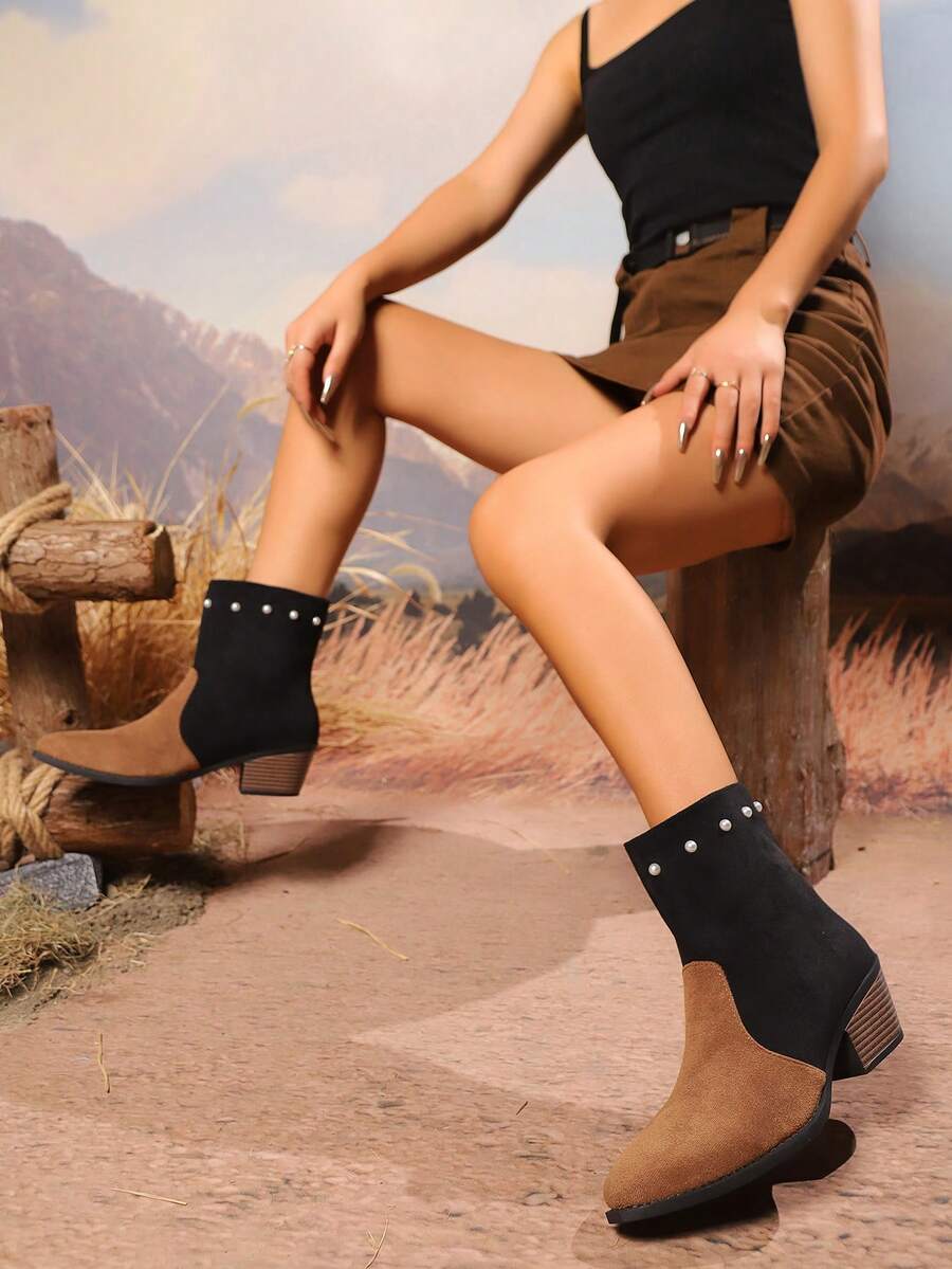 全新棕黑拼色尖头粗跟靴配珍珠装饰 - 黑色 - 查看 1