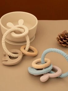 1pc Silicone Wooden Baby Teether Ring Rabbit And Elephant Shape Newborn Accessories Infants Gifts Teething Toy Health Care - Multicolor - View 3