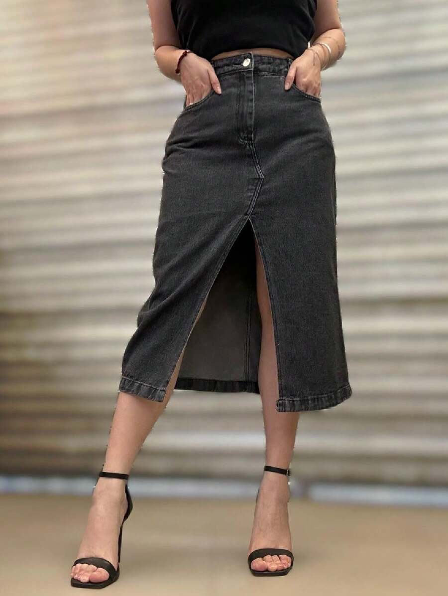 Jeans Skirt Women's Long Midi Skirt Evangelical High Waist Front Slit Design - Màu xám đen - Xem 1