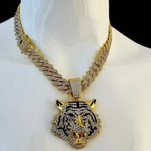 Mode 14mm breite, massive Gliederkette Halskette, kühnes Tier-Thema Schmuckstück, kombiniert mit goldenem Tigerkopf Anhänger mit 18K Weiß-/Gelbgold-Beschichtung, besetzt mit simulierten Strass-Steinen, erhältlich in 50/60/70cm