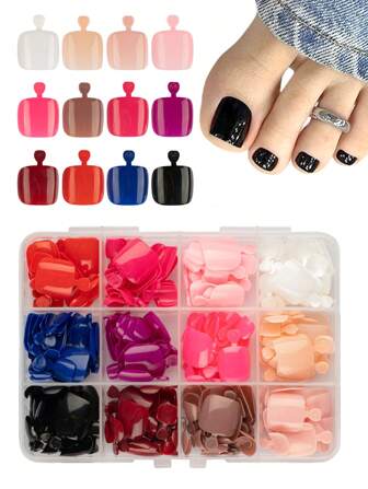 12 Packs 288Pcs Press On Toe Nails Glossy, Short Square Fake Toe Nails Full Cover, Acrylic False Toenails For Feet, Red Black Color Fake Toenails For Women Decor Nail Supplies Nails