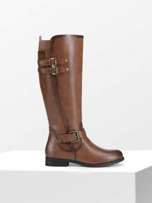 Women's Motorcycle Riding Boots Low Chunky Heel Flat Knee High Boots Comfortable Buckle Side Zipper Pirate Boots For Women - 摩卡棕 - 查看 8