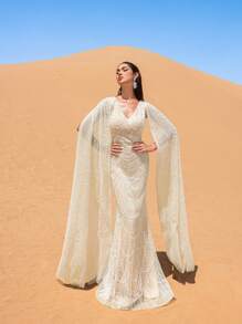 Faeriesty Vestido de manga larga con cuello en V y escote alto con eslogan en forma de pico y mangas de suelo Length - Lujo otoño invierno Luxury Vestido para alfombra roja, bodas y galas