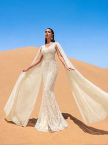 Faeriesty Vestido de manga larga con cuello en V y escote alto con eslogan en forma de pico y mangas de suelo Length - Lujo otoño invierno Luxury Vestido para alfombra roja, bodas y galas
