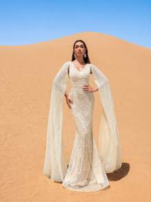 Faeriesty Vestido de manga larga con cuello en V y escote alto con eslogan en forma de pico y mangas de suelo Length - Lujo otoño invierno Luxury Vestido para alfombra roja, bodas y galas