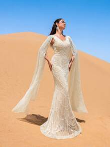 Faeriesty Vestido de manga larga con cuello en V y escote alto con eslogan en forma de pico y mangas de suelo Length - Lujo otoño invierno Luxury Vestido para alfombra roja, bodas y galas