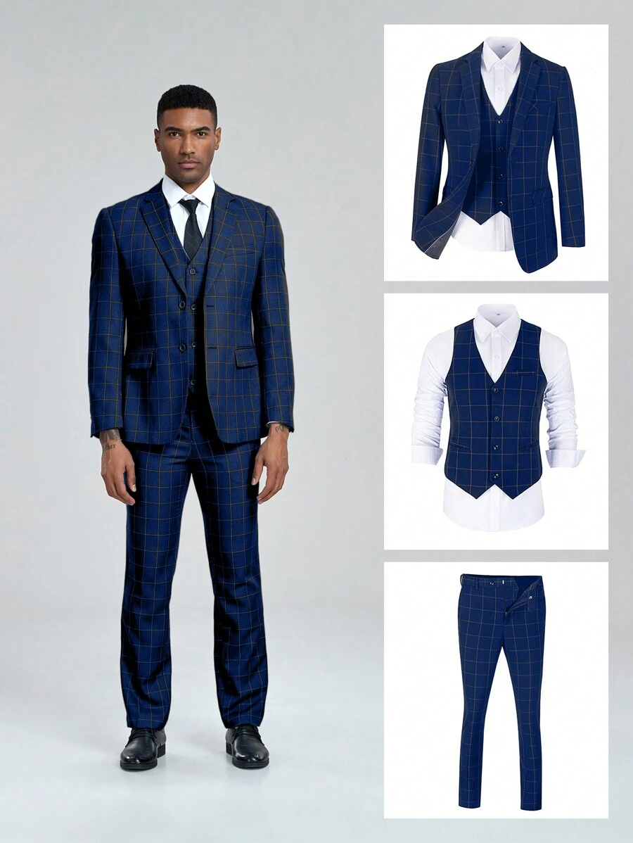 Furuyal 3pcs Men's Adult Suit Set, Including Pants, Vest And Large Blue Plaid Jacket - Navy Blue - View 1