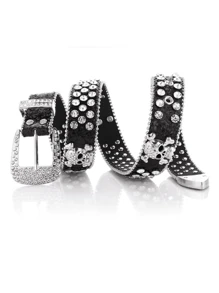 Cinto de Couro de Moda de Rua Brilhante Feminino com Decoração de Caveira e Strass, Verão, Escola, Outono, Halloween