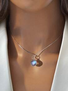 ESBERRY 1件7.5-8毫米圆形蓝色月光石复古吊坠项链，925纯银首饰，优雅日常佩戴，时尚礼物