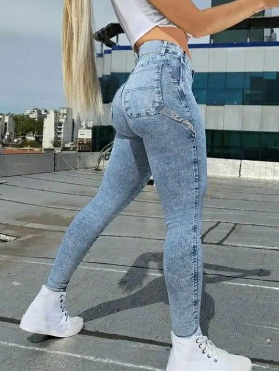 女士修身弹力洗水紧身牛仔裤，休闲牛仔裤