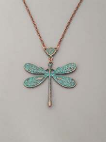 1pc Vintage Bohemian Style Green Dragonfly Design Pendant Necklace, Suitable For Women Party Travel Jewelry Gift