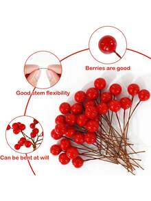 100 件/包人造迷你圣诞冬青浆果，10 毫米红色圣诞假浆果带铁丝茎，假浆果茎装饰用于圣诞树装饰、DIY 圣诞花环、派对、家居、蛋糕、婚礼、万圣节装饰、礼品包装装饰 - 紅色 - 查看 3