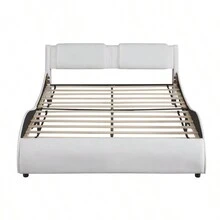 Queen Size Upholstered Faux Leather Platform Bed With LED Light Bed Frame With Slatted - White - 白色+實木+大床如圖 - 查看 3