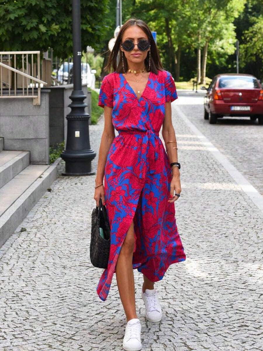Vestido largo estampado con escote en V largos de mujer - Rojo - Ver 1