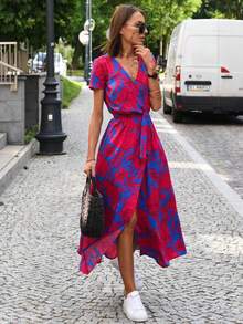 Vestido largo estampado con escote en V largos de mujer - Rojo - Ver 4
