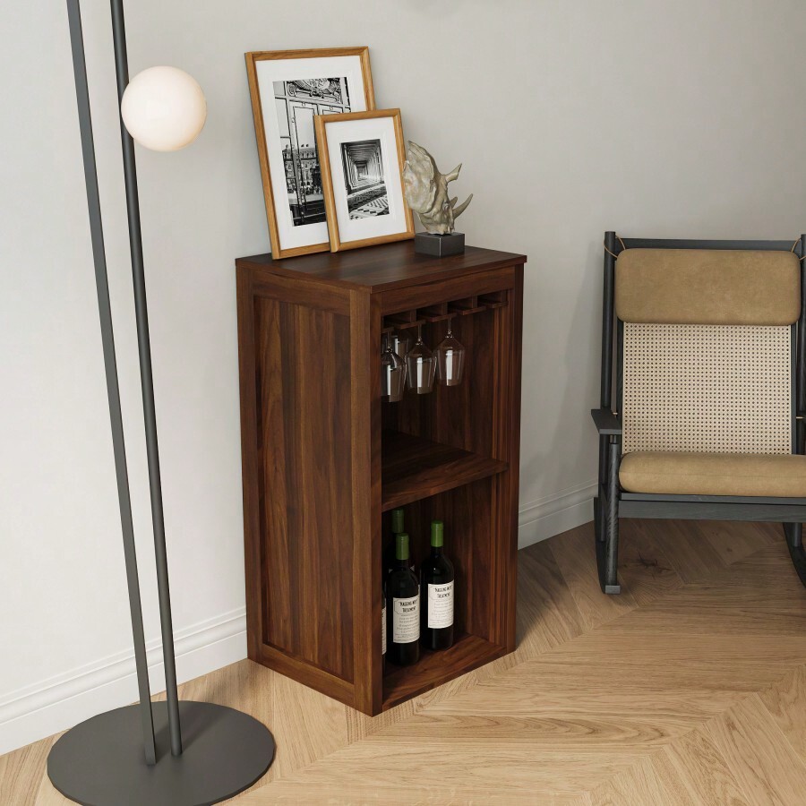 Brown Walnut Color Modular Wine Bar With Storage Shelves With