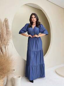 Casual Long Dress V-Neck Three-Quarter Sleeve - 深色水洗藍 - 查看 1