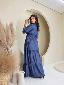 Casual Long Dress V-Neck Three-Quarter Sleeve - 深色水洗藍 - 查看 2