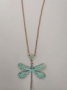 1pc Vintage Bohemian Style Green Dragonfly Design Pendant Necklace, Suitable For Women Party Travel Jewelry Gift