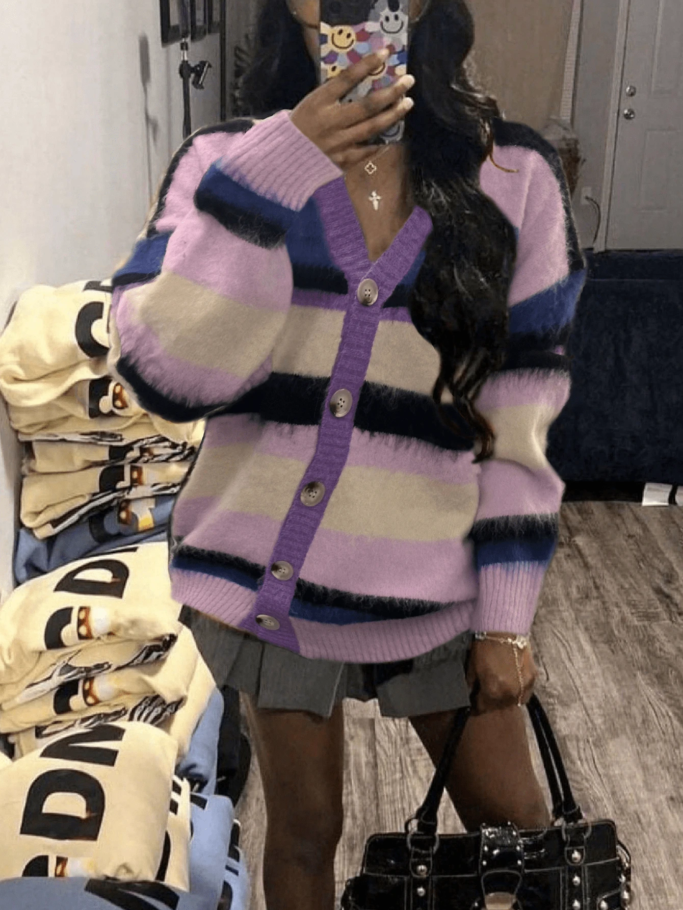 Women's Loose Fit Color Block Striped Button V-Neck Cardigan, Embroidered Letter Long Sleeve Knit Sweater, Warm For Autumn/Winter - Purple - View 1