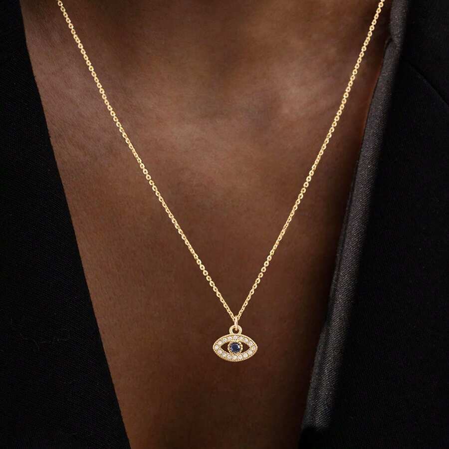 1pc New Simple Pave Zirconia Eye Pendant Gold Color Silver Color Stainless Steel Chain Necklace For Women
