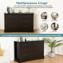 Drawer Dresser Cabinet, Sideboard, Bar Cabinet, Buffet Server Console, Table Storge Cabinets, Metal Handle In The Shape Of A Silver Shell, For Dining Room, Living Room, Bedroom, Kitchen Hallway, Color:Dark Gray - 深灰色+實木+美式設計如圖 - 查看 5
