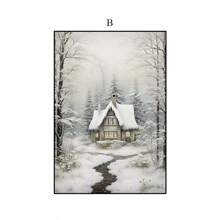 1 pièce Peinture murale décorative moderne, affiche de paysage de Noël d'hiver, décor de ferme, cerf, pomme de pin, bonhomme de neige, paysage naturel, peinture sur canevas HD sans cadre pour décoration murale de salon