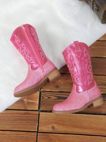 Um Par de Botas para Meninas - Botas de Cowboy Ocidentais Bordadas de Cano Alto/Média Altura, Bico Fino, Zípers Laterais, Saltos
