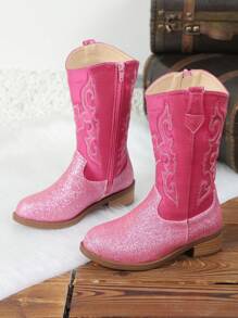Um Par de Botas para Meninas - Botas de Cowboy Ocidentais Bordadas de Cano Alto/Média Altura, Bico Fino, Zípers Laterais, Saltos