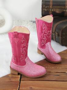 Um Par de Botas para Meninas - Botas de Cowboy Ocidentais Bordadas de Cano Alto/Média Altura, Bico Fino, Zípers Laterais, Saltos