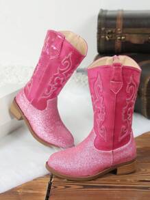 Um Par de Botas para Meninas - Botas de Cowboy Ocidentais Bordadas de Cano Alto/Média Altura, Bico Fino, Zípers Laterais, Saltos