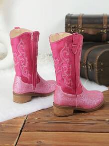 Um Par de Botas para Meninas - Botas de Cowboy Ocidentais Bordadas de Cano Alto/Média Altura, Bico Fino, Zípers Laterais, Saltos