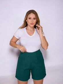 Casual Shorts Tailored Elegant Plain Invisible Zipper With Front Pocket - 墨綠色 - 查看 1