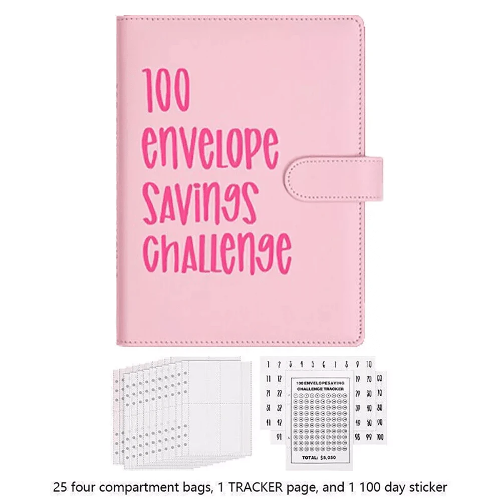 100 Envelope Challenge Binder Cash Savings Challenge Book Saving Money Envelope. - Pink - View 1