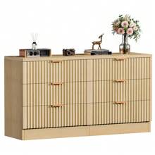 White/Black/Natural/Brown 6 Drawer Dressers, High Gloss White Dressers Drawers With Fluted Panel, Wide Versatile TV Stand Cabinet Table For Kitchen And Office