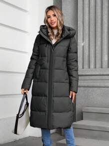 GASMAN 1pc Solid Color Hooded Casual Padded Coat, Winter - Black - View 1