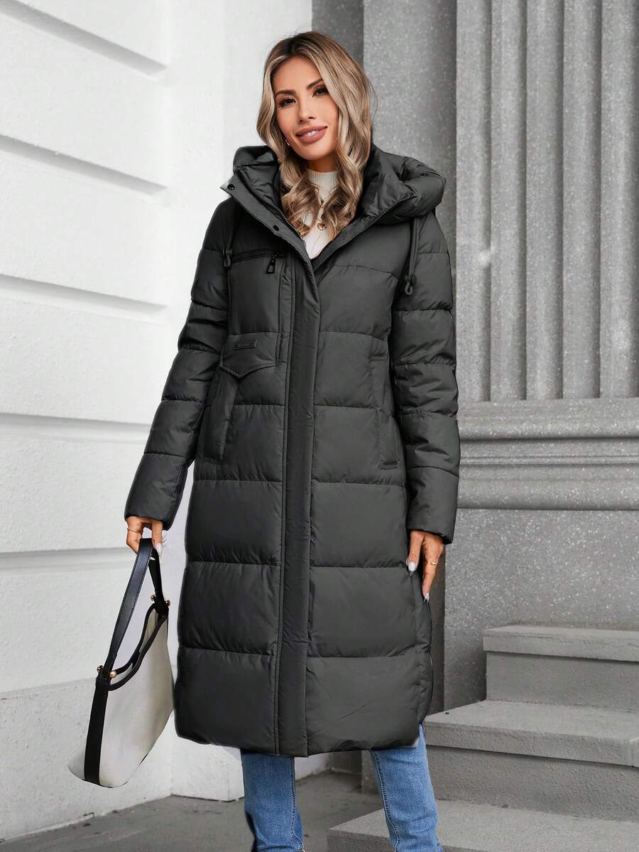 GASMAN 1pc Solid Color Hooded Casual Padded Coat, Winter - Black - View 1