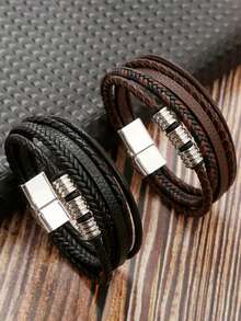 Fashion Men's Bracelet, Magnetic Clasp Multi-Layer Braided Leather Cord Wristband, Christmas, New Year, Valentine's Day Holiday Gift - Leather Bracelet - View 3