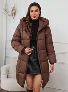 Women's Mid-Long Thick Warm Jacket, Casual Hooded Cinched Waist Slim Coat For Autumn/Winter - Coffee Brown - View 3