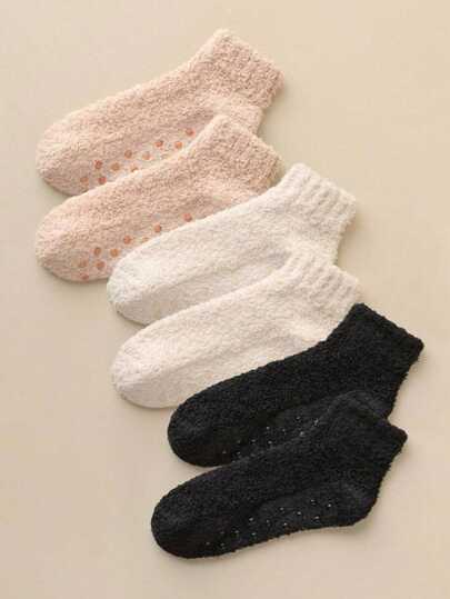 3 Pairs (Black + Beige + Coffee) Men's And Women's Fluffy Non-Slip Warm Winter Socks, Suitable For Everyday Wear