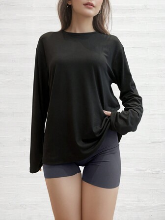 Small Shoulder Drop Long-Sleeve T-Shirt Solid Color Black Loose Casual