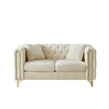 60-Inch Chenille Pull Buckle Design Sofa For Living Room, Buttons Tufted With Copper Nail Decoration Armrest, Modern Couch Upholstered Button And Metal Legs - 米色+雪尼爾+泡沫+2座如圖 - 查看 5