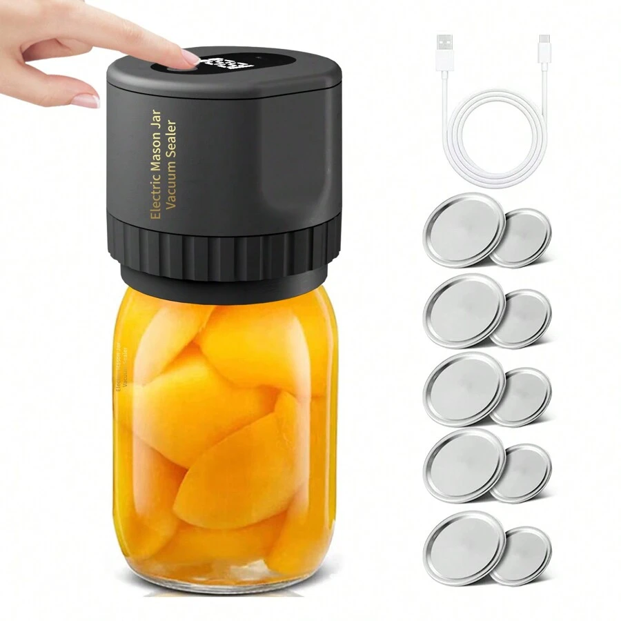 Electric Mason Jar Vacuum Sealer Kit Automatic Jar Sealer Mason Jar With Lids Mason Jar Vacuum Sealer Kit For Wide/ Regular Mouth Mason Jars With 10 Lids - Black - View 1