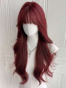 红色假发带刘海长红色女士假发 26 英寸卷发自然造型耐热纤维假发适合女孩万圣节派对使用