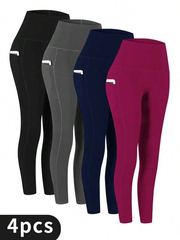 4pcs Women's High-Waisted Tight Yoga Pants Set With Pockets, Compression Leggings For Sports, Fitness, Running