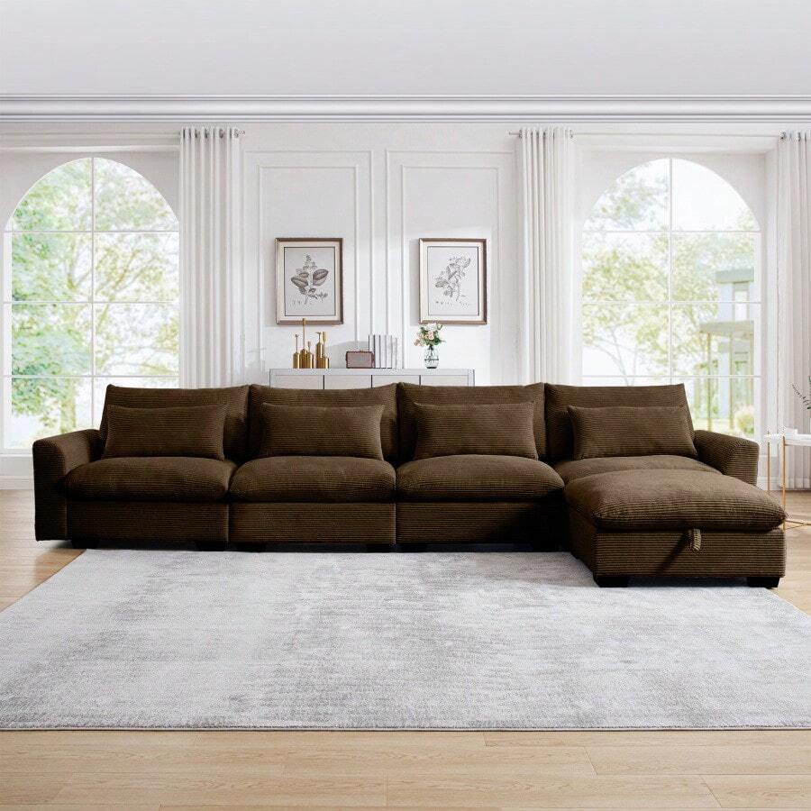 Large L Shape Sectional Corduroy Sofa, Deep Seat Couch With Storage
