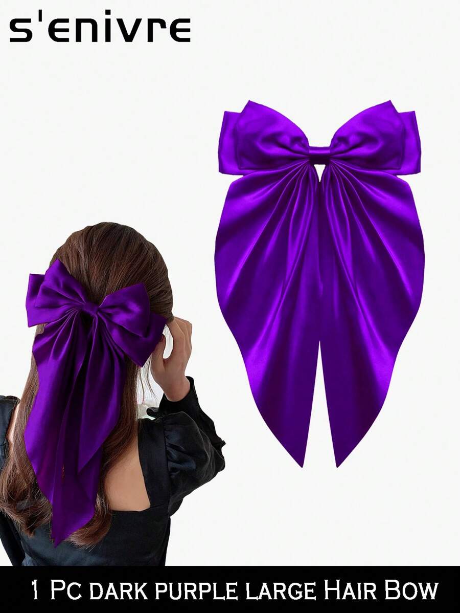 1/6 Chiếc Nơ cài tóc lớn màu tím cho nữ Nơ cài tóc bằng vải satin mềm mại kèm ruy băng dài, kẹp tóc đuôi ngựa, phụ kiện tóc cho nữ ngày lễ tình nhân, đồ dùng học tập - tím đậm - Xem 1